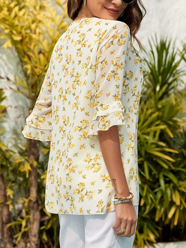 women summer tops shirts, formal chiffon, bow embellishments, layered bell sleeves, cinched waist, double chiffon, loose pleated, v neck, casual work, floral tunic shirt top