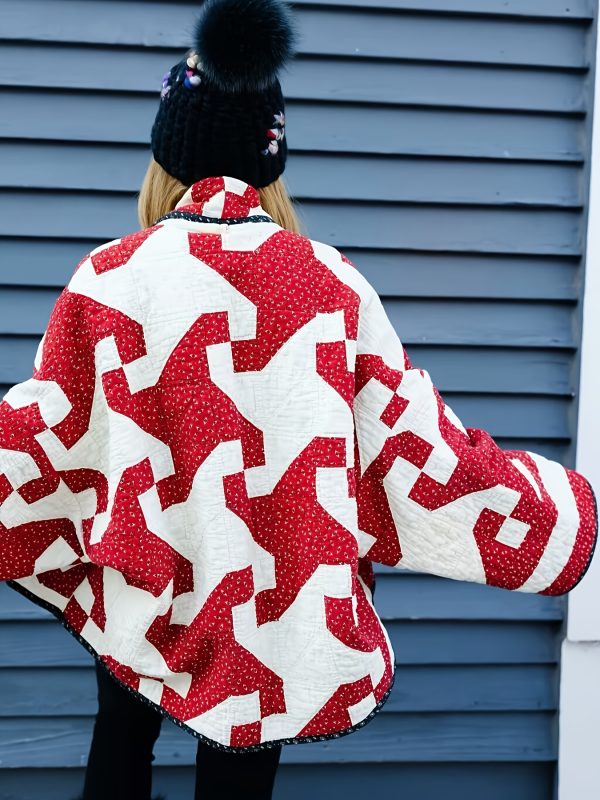 women's stylish red & white floral print quilted jacket loose fit long sleeve coat with puffy shoulders, black trim, and black beanie hat, perfect for fall fashion, autumn outerwear | puffy shoulder design | quilted texture