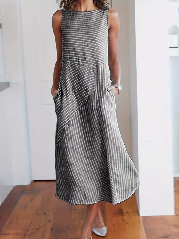 women's striped tank dress sleeveless round neck midi with pockets, casual summer wear, machine washable