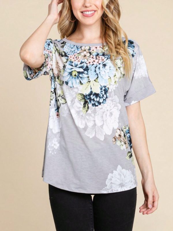 womens casual floral print chic romantic watercolor blooms short sleeve top grey base blue white flowers rounded neckline lightweight summer spring daily wear relaxed fit dolman sleeve blouse