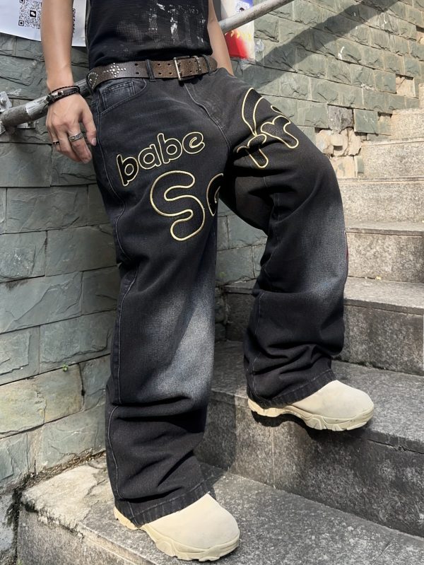 men's american style trendy loose jeans, letter embroidered design high street jeans (without beltu002fwithout hanging decoration)