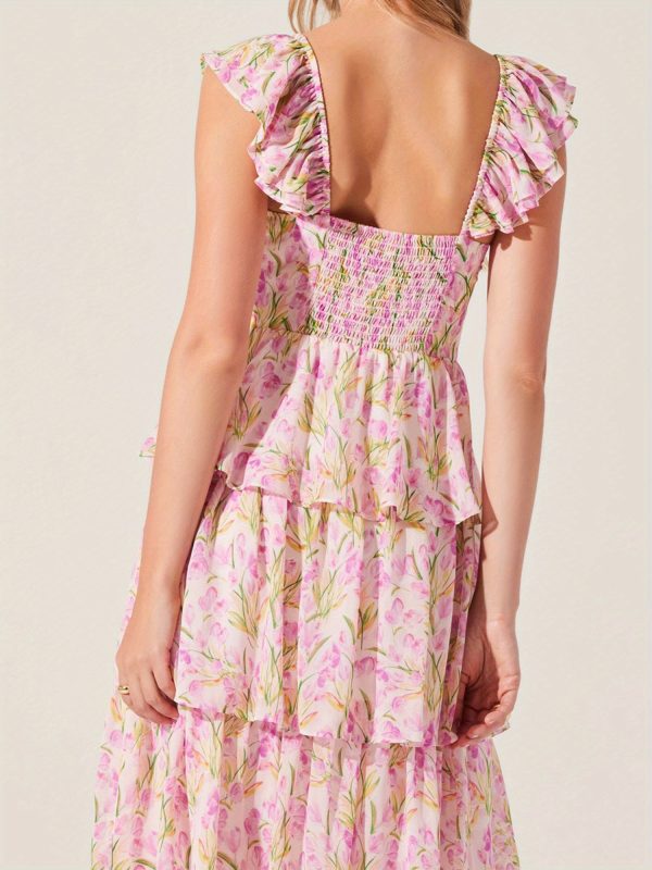 women's floral dress stylish multi layered ruffles split cap sleeve long a line dress for spring summer