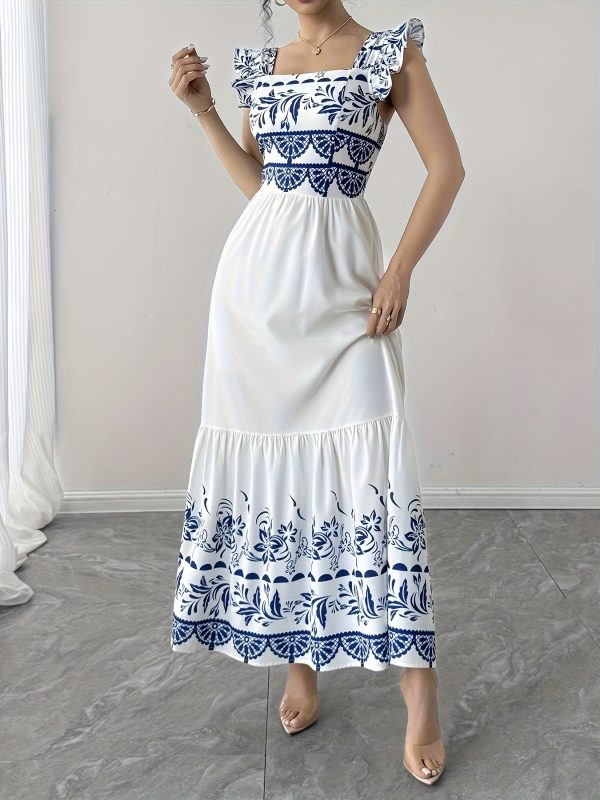 women's elegant printed vacation soft fabric a line dress with waist cinching