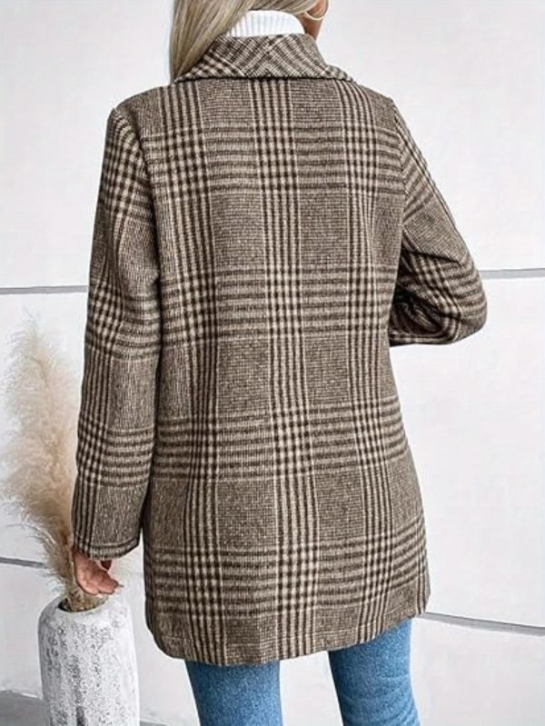 women's slim fit plaid coat casual long sleeve button up with lapel collar, brown & white checkered pattern, perfect for fallu002fwinter, stylish outerwear | checkered pattern coat | buttonup coat