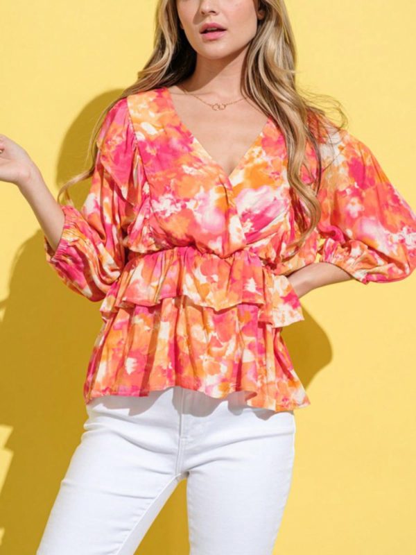 womens casual blouse romantic floral print peplum top ruffle trim wrap front design bishop sleeve v neck tiered summer top pink orange watercolor pattern elastic waist holiday beach vacation evening party wear