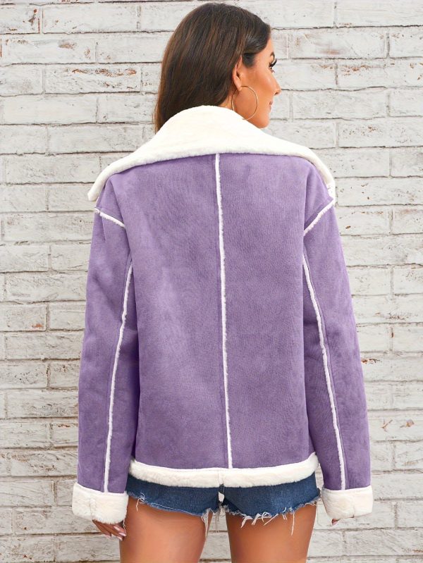 elegant lapel plush jacket winter warm casual coat with soft plush lining, solid color design, front pockets & machine washable for women