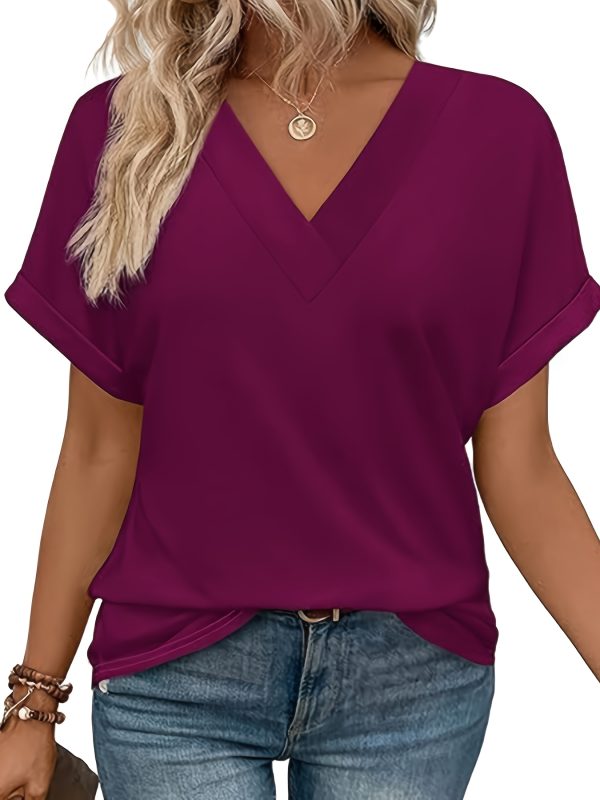 women's tops short bat sleeve shirt fashionable v neck clothing, casual and versatile