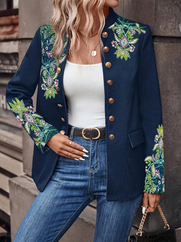 stylish and elegant retro stand collar embroidered buttoned long sleeve jacket for women