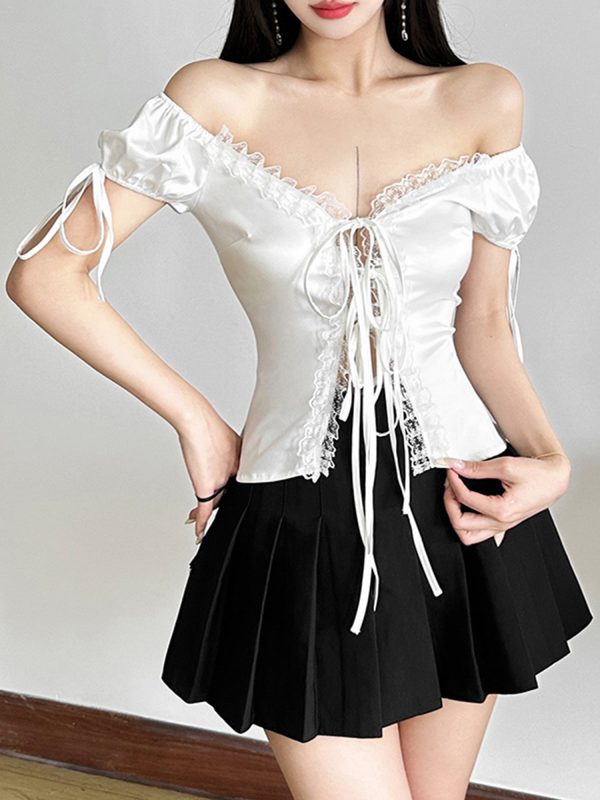 women's tie front tops casual stylish solid lace trim v neck short sleeve t shirt for spring summer