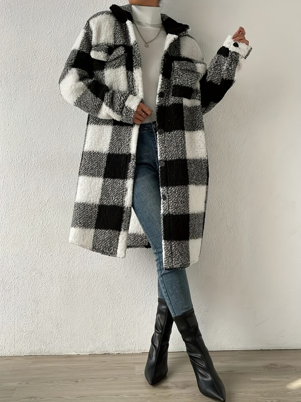 women's long sleeve plaid coat windbreaker black & white checkered pattern, cozy fleece lined winter jacket with pockets, casual style for cold weather, cozy winter wear | checkered pattern coat | functional pockets