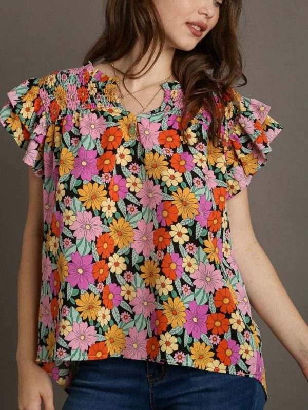 womens casual floral boho chic smocked ruffle flutter sleeve mini dress colorful retro daisy print black background v neck summer beach party vacation resort wear