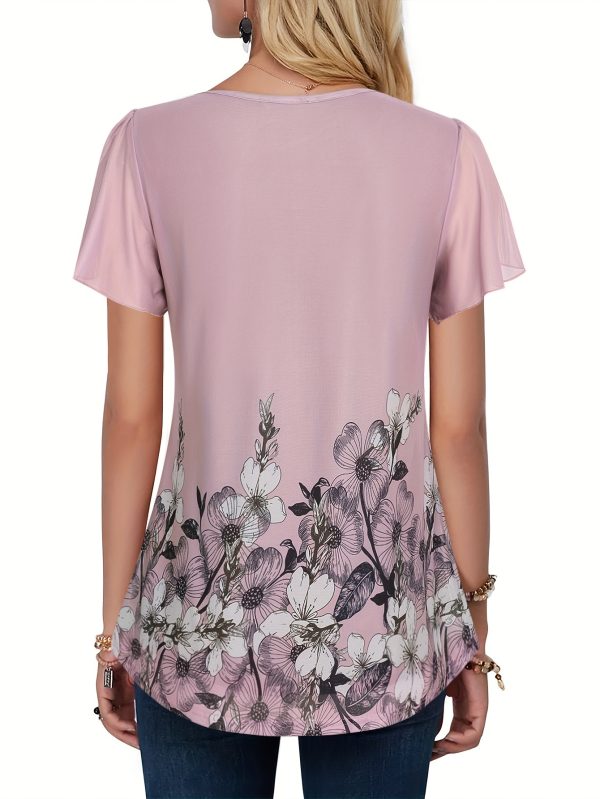 women's elegant floral print v neck blouse short sleeve, semi sheer mesh fabric, perfect for springu002fsummeru002ffall, machine washable, floral print blouse