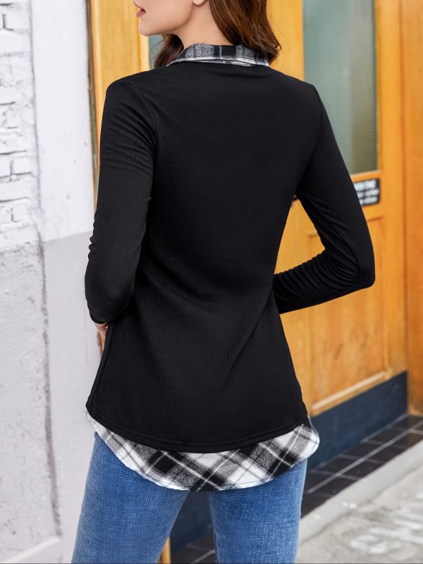 color block lapel neck blouse, casual long sleeve blouse for spring & fall, women's clothing