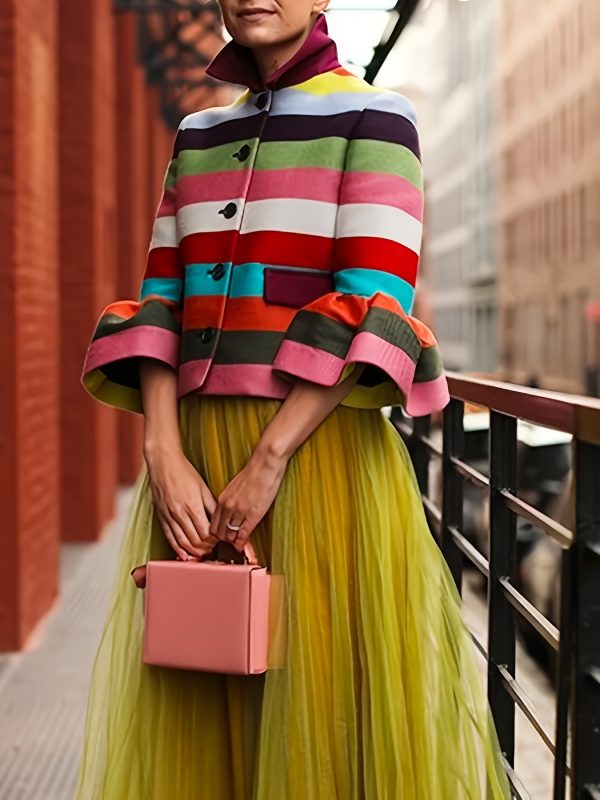 elegant rainbow stripe jacket for women chic flared sleeve, lapel collar outerwear, perfect for parties & casual wear, party evening wear|lapel collar coat|colorful jacket