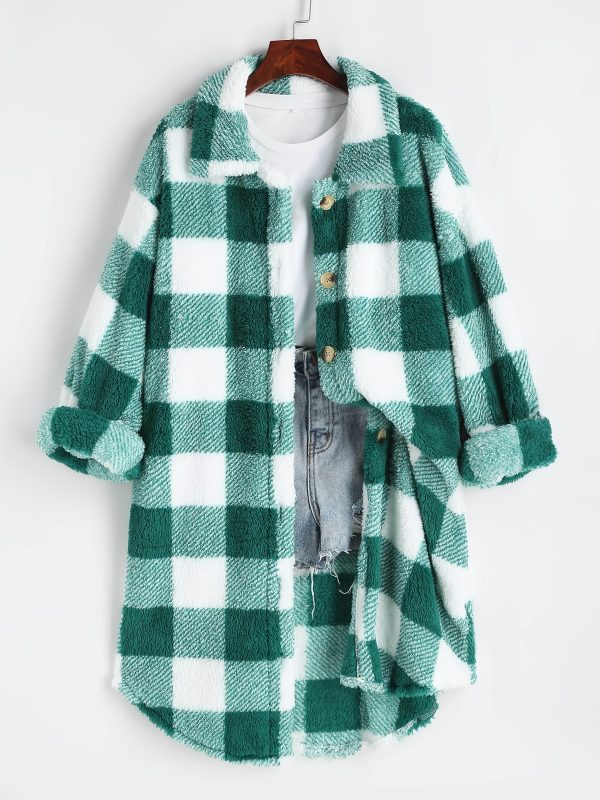 chic women's plaid fleece coat casual long jacket with button detail, machine washable perfect for fallu002fwinter
