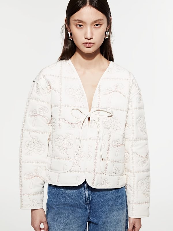 women's floral print jacket, loose and versatile, with a textured open collar, casual and warm top
