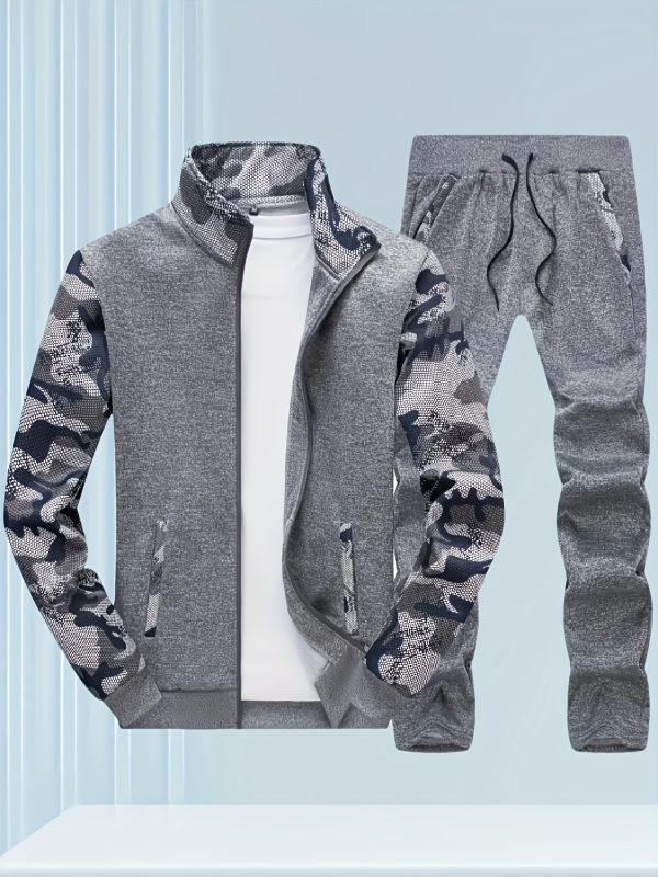 men's camouflage hoodie, spring and autumn long sleeved casual sports suit, fleece hoodie two piece set, stand up collar cardigan