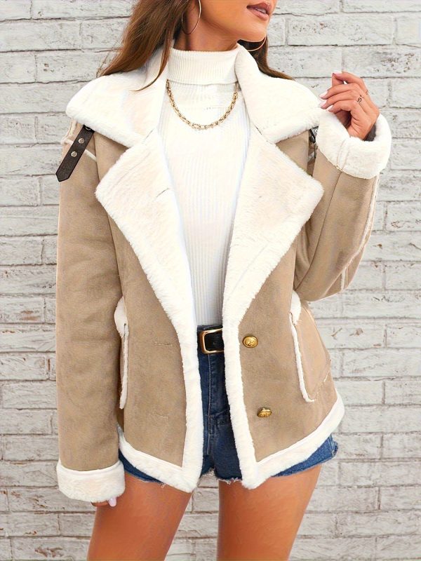 elegant lapel plush jacket winter warm casual coat with soft plush lining, solid color design, front pockets & machine washable for women