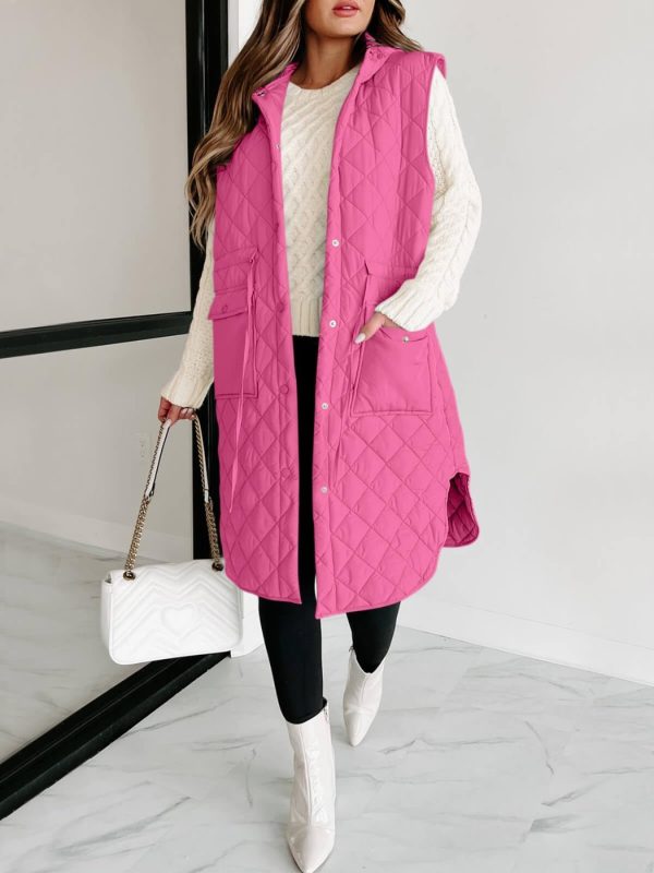 women's quilted hooded puffer vest warm sleeveless winter jacket with pockets, polyester, machine washable, coats, long