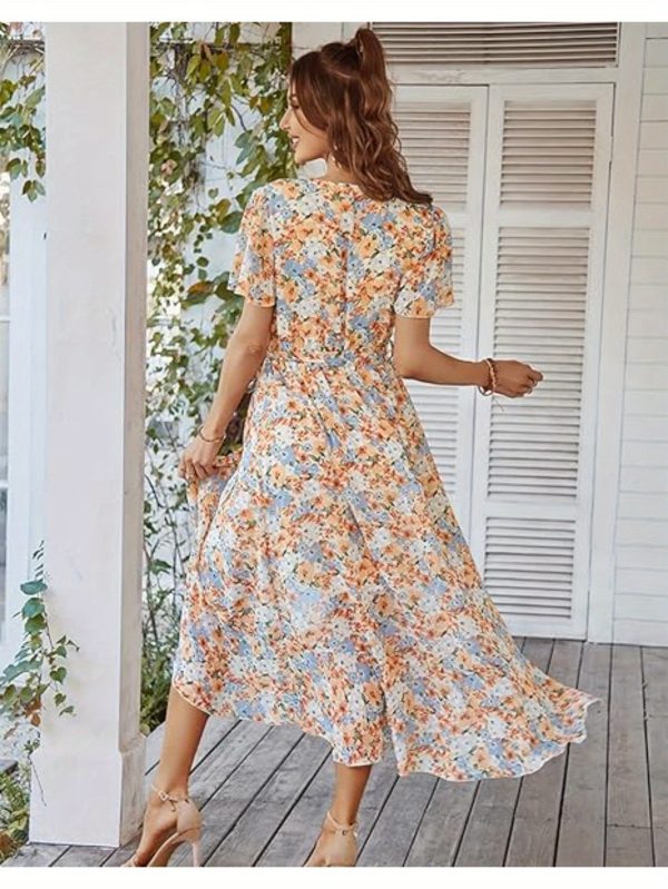 women's boho floral print midi dress v neck lace up short sleeve with ruffle hem, lightweight summer beach party dress for casual outings & garden events, beach dresses, garden event attire, fitted silhouette