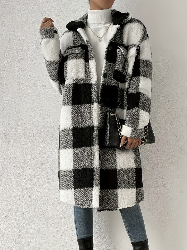 women's long sleeve plaid coat windbreaker black & white checkered pattern, cozy fleece lined winter jacket with pockets, casual style for cold weather, cozy winter wear | checkered pattern coat | functional pockets