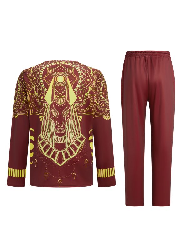men's casual sportswear floral suit 95% polyester knit fabric, slightly stretchy, round neck long sleeve top and pants, regular fit stripe pattern details, suitable for spring and autumn seasons