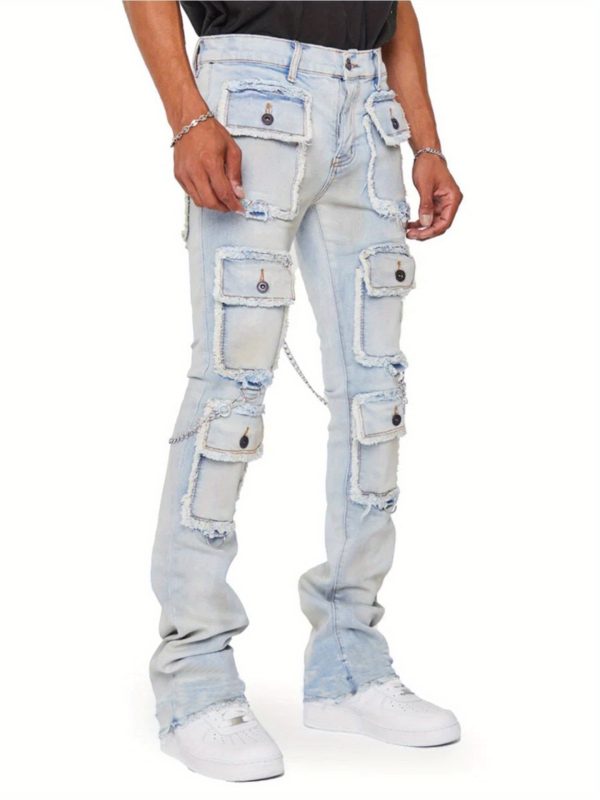 a pair of street style high waisted straight leg denim pants with multiple pockets and a zipper fly, suitable for all seasons, available in sizes s to xxl.