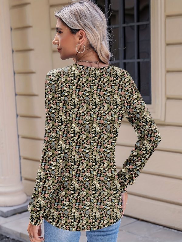 women's casual small floral round neck chest pleated versatile basic long sleeved top