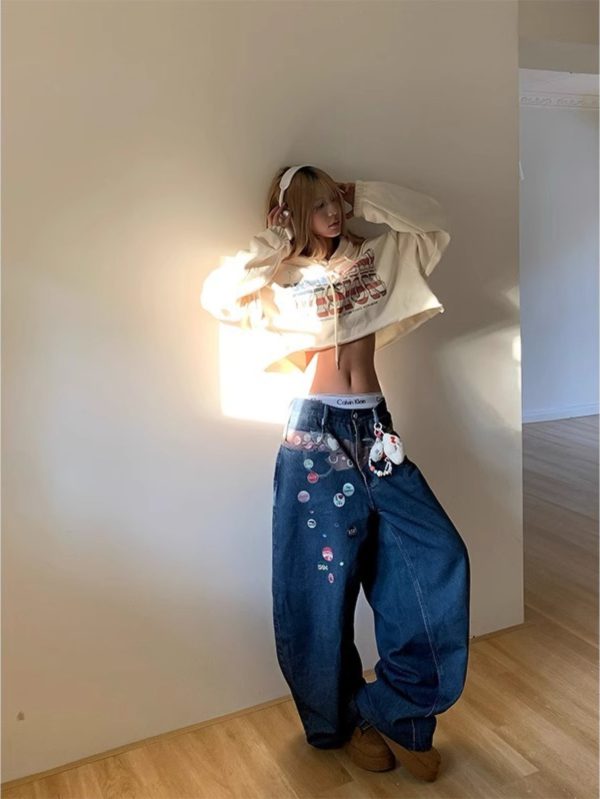 american fun badge printed belt jeans men's summer 2025 new loose wide leg straight length pants
