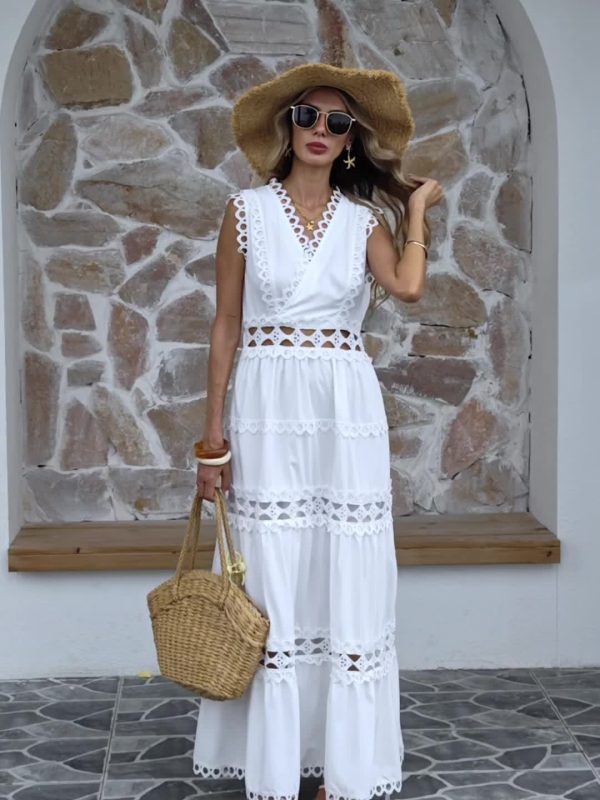 women's elegant v neck ruffle dress solid color, sleeveless a line midi dress with lace detailing, perfect for vacation and casual attire, casual attire|vneck dress|lace detailing