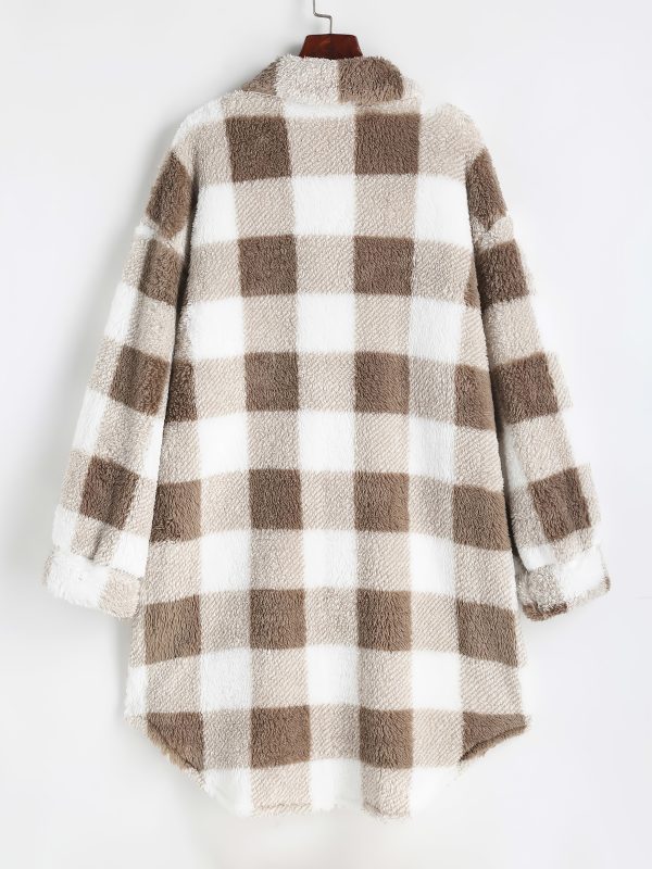 chic women's plaid fleece coat casual long jacket with button detail, machine washable perfect for fallu002fwinter