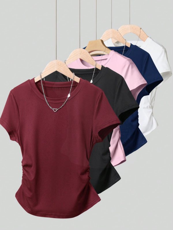 women's solid color fitted short sleeve round neck t shirt
