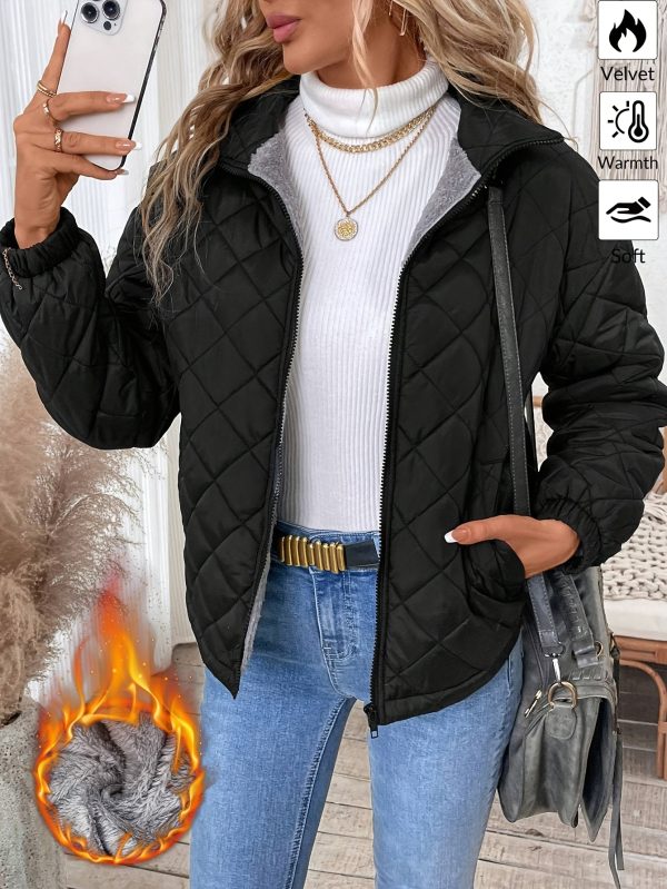 women's elegant warm fleece lined quilted jacket soft, velvet like, long sleeve, solid color, regular fit, zip up, ideal for fall & winter, casual style, casual winter wear | elegant casual jacket | soft fleece lining