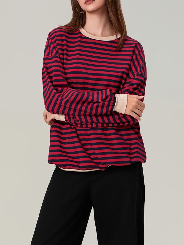 women's striped sweatshirt contrast color long sleeve round neck oversized casual pullover tops