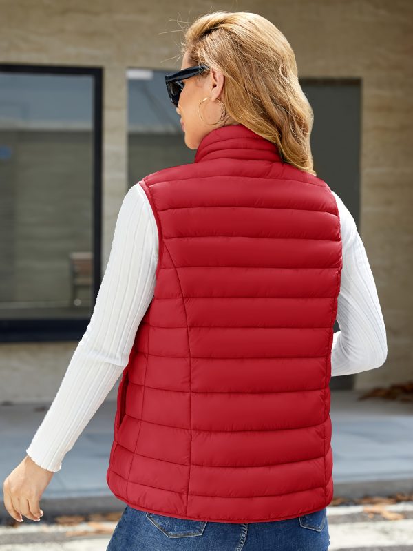 women's high quality windproof puffer vest lightweight nylon shell with stand collar & 4 zipper pockets, red outer layer for travel,, office machine washable all season jacket, outdoor, quilted design, durable construction, women