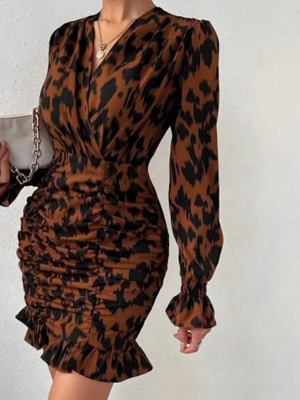 stylish women's leopard print v neck mini dress long sleeve, ruched bodycon for spring & fall, brown & black animal print, polyester knit fabric, machine washable, leopard print dress