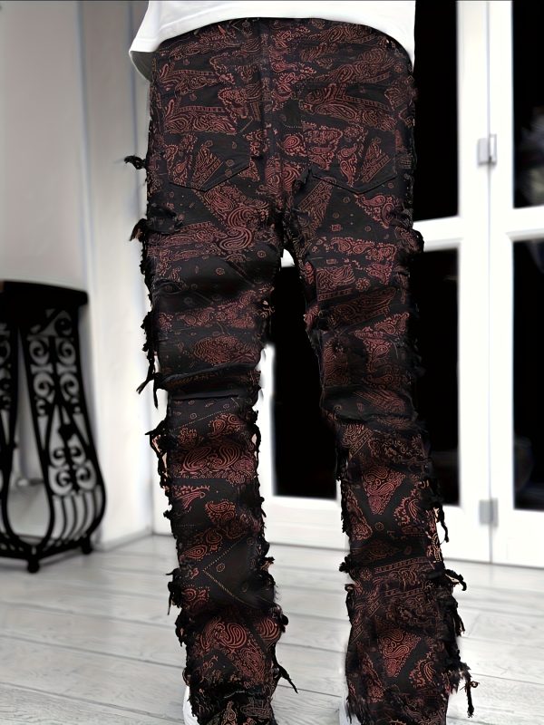 men's elastic waist, trendy fringed print distressed denim pants