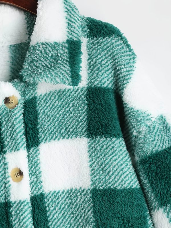 chic women's plaid fleece coat casual long jacket with button detail, machine washable perfect for fallu002fwinter