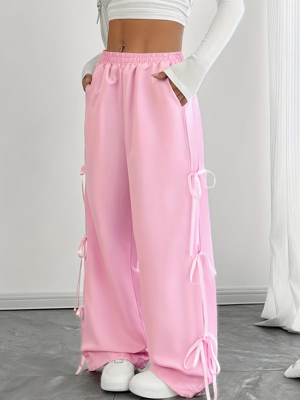 new women's clothing korean elastic waist solid color bow tie trendy y2k fashion casual straight pants