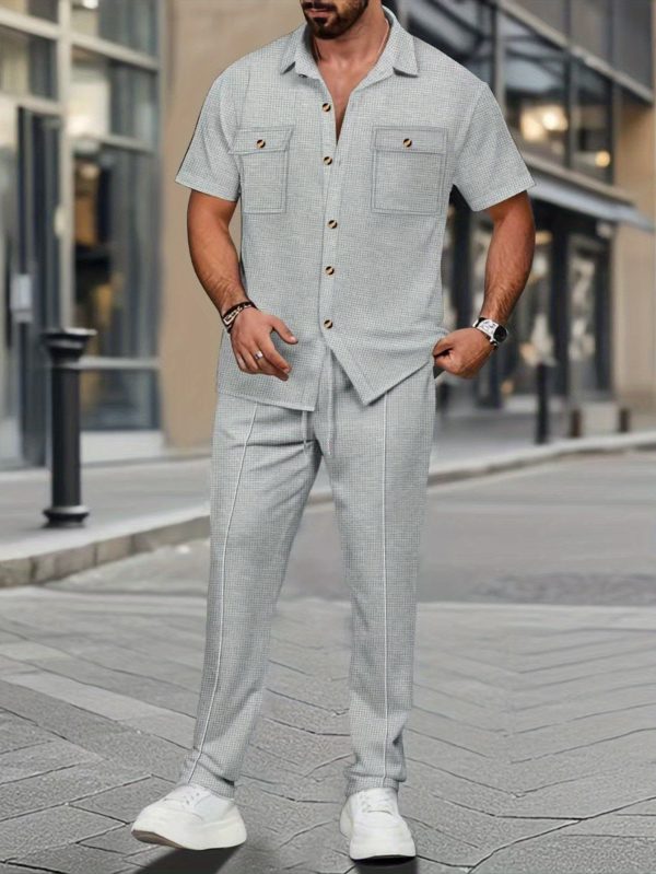 new european and american men's short sleeve shirt set with a collar, featuring a simple classic solid color design. this casual short sleeve shirt and long pants set is perfect for vacation, leisure, daily street wear, and outdoor activities.