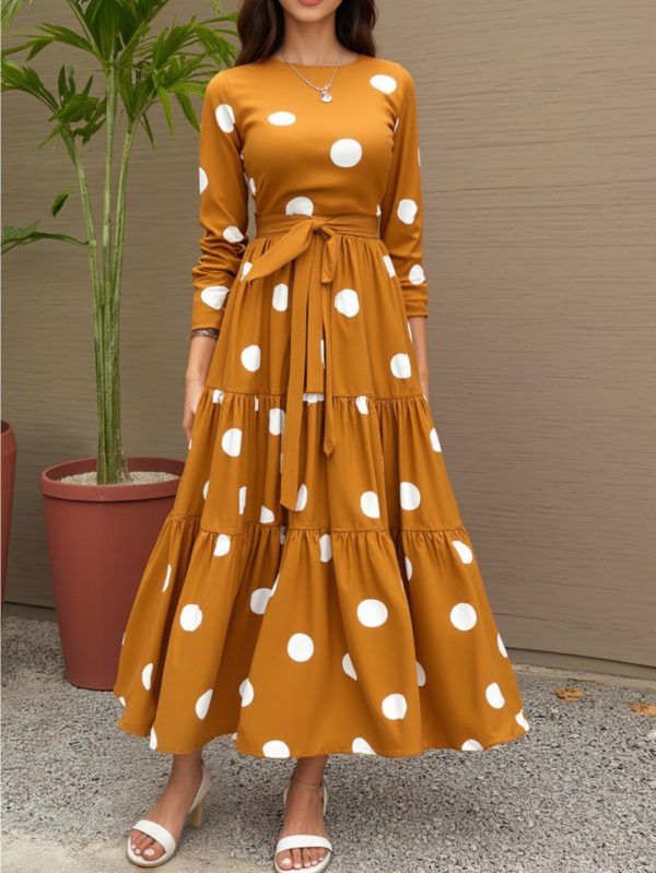 women's elegant long sleeve a line dress mustard yellow & white polka dots, flared skirt formal & casual outfits for parties, office, casual attire non stretch fabric, office attire, feminine design, quality stitching, fashion lovers