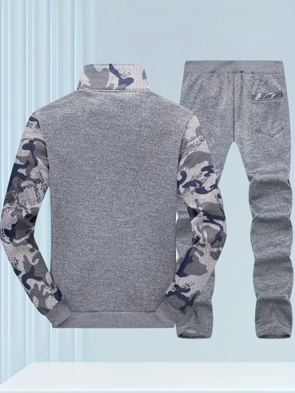 men's camouflage hoodie, spring and autumn long sleeved casual sports suit, fleece hoodie two piece set, stand up collar cardigan