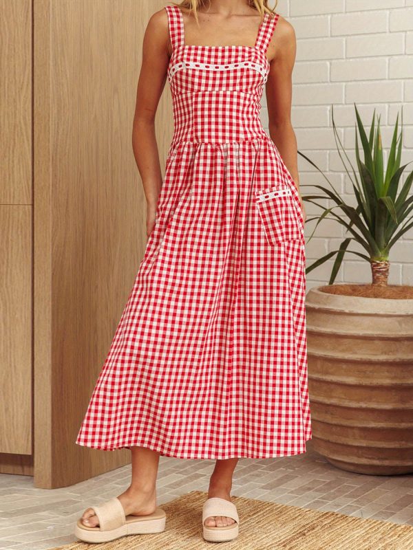 women's summer long cami dress sleeveless open back plaid beach dress with 2 pockets