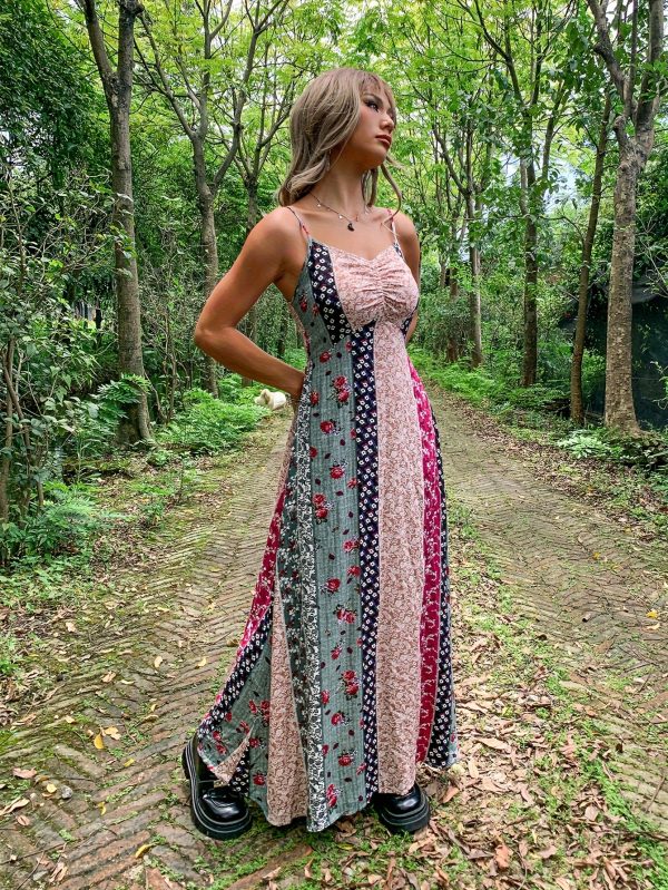 women's printed high waist long dress spaghetti strap suspender dress bohemian style clothing