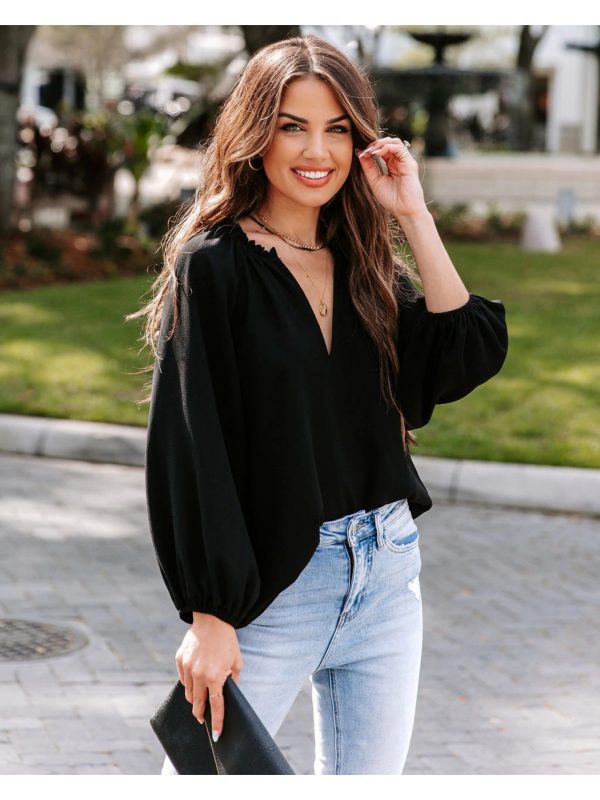 women's elegant v neck long sleeve shirt solid black loose fit casual to semi formal top, lightweight breathable non stretch fabric for spring summer fall, versatile everyday & special occasion blouse