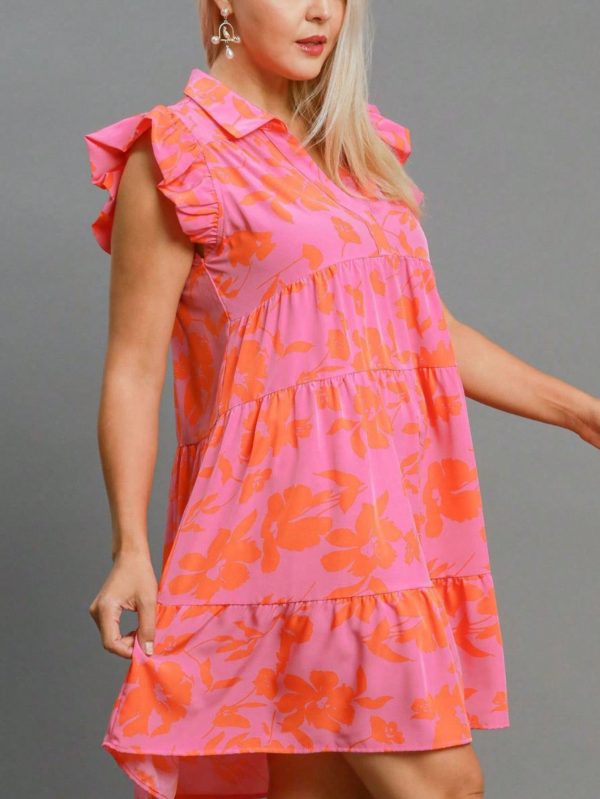 womens casual summer floral chic ruffled shoulder tiered babydoll mini dress pink orange abstract flower print sleeveless high neck flowy lightweight beach vacation party sundress