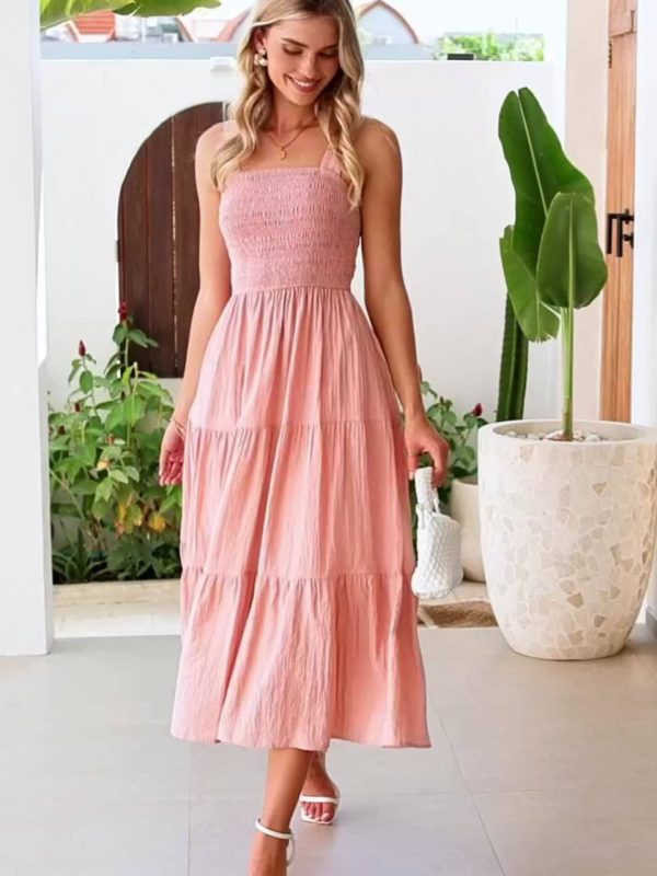 women's strapless cute sleeveless dress with lace edge a line long tassel dress beach sun dress