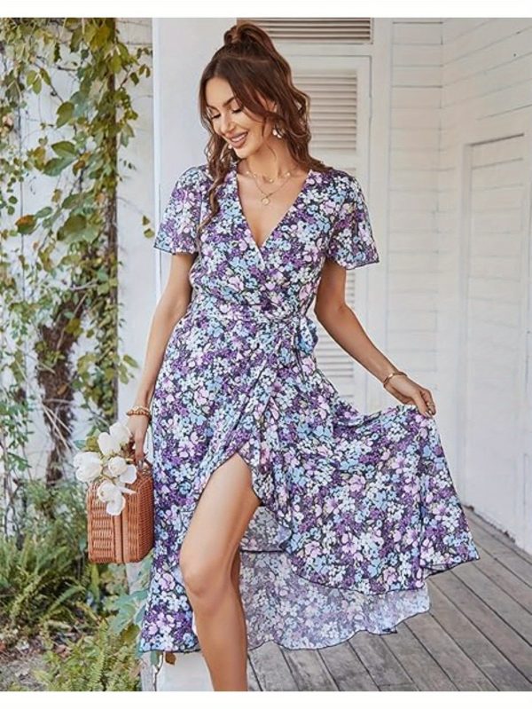 women's boho floral print midi dress v neck lace up short sleeve with ruffle hem, lightweight summer beach party dress for casual outings & garden events, beach dresses, garden event attire, fitted silhouette