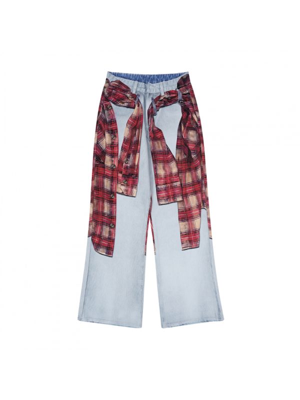 men's casual plaid shirt & straight leg faux denim 3d digital print, light wash, loose fit, a line design, all season comfort, regular length, perfect for casual attire, comfortable clothing | relaxed fit pants | digital print shirt