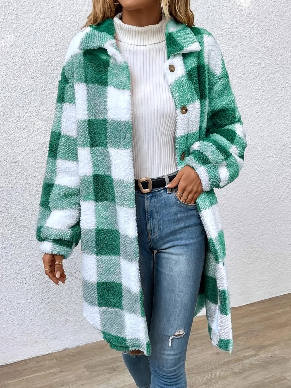chic women's plaid fleece coat casual long jacket with button detail, machine washable perfect for fallu002fwinter